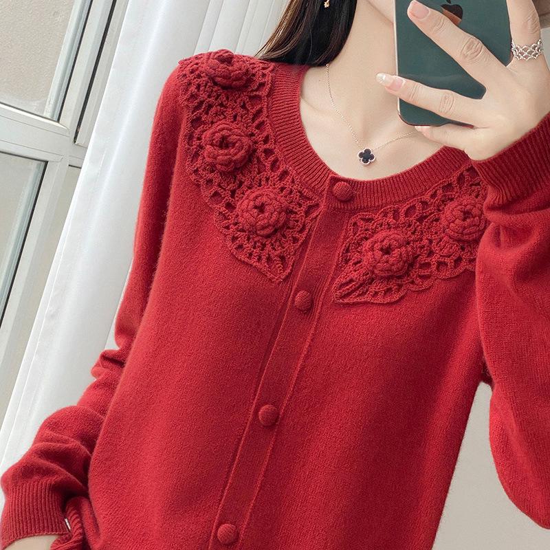 Women's Short Wool Embroidered Cardigan Sweater - 2025 Autumn Collection