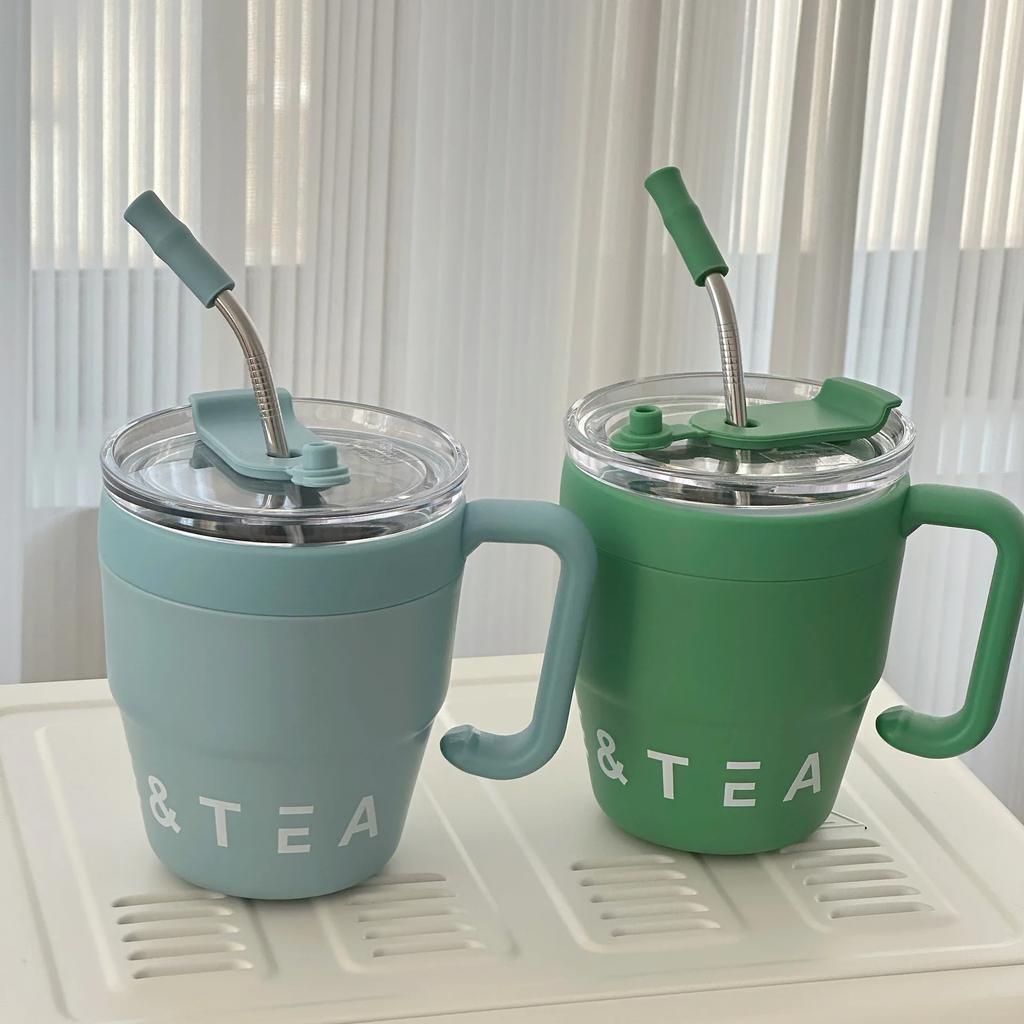 480ml Stainless Steel Portable Coffee Cups with Straw and Lid Portable Office Home Water Bottles Thermos Mug Drinkware Tea Cup