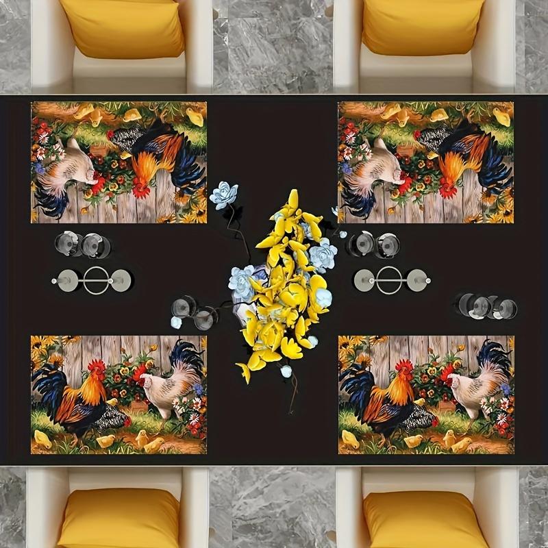 4-Pack Hand Washable Polyester Place Mats | Woven Farmyard Style Table Mats with Rooster & Hen Design | 18X12 Inches Rectangle Floral Pattern Mats