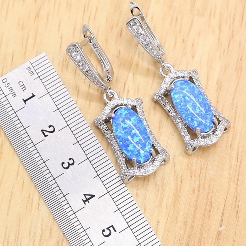 Geometric Blue Opal  Color Jewelry Sets For Women Bridal Necklace Pendant Earrings Rings Birthday Gift Box