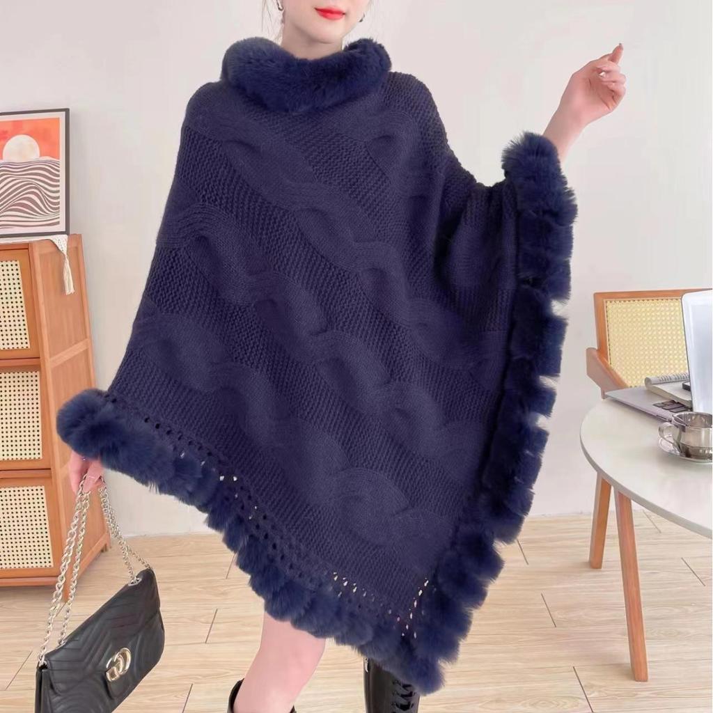 New Imitation Rabbit Fur Solid Color Pullover Cape Sweater Women'S Shawl Pullover Knitted Sweater