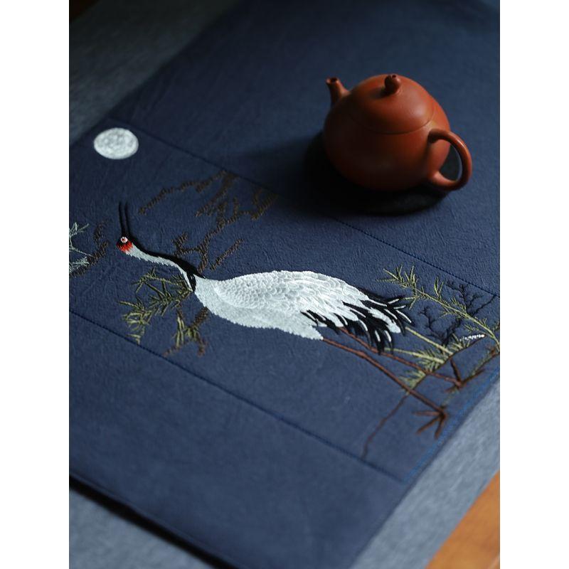 

Attracting Flowers and Birds Embroider Tea Mat Cotton Linen Tea Mat Cloth Vintage Child Embroidery Tea Cloth Chinese Zen Tea Table Water Absorption Navy blue Lihe 30*50cm, 3-layer thickened