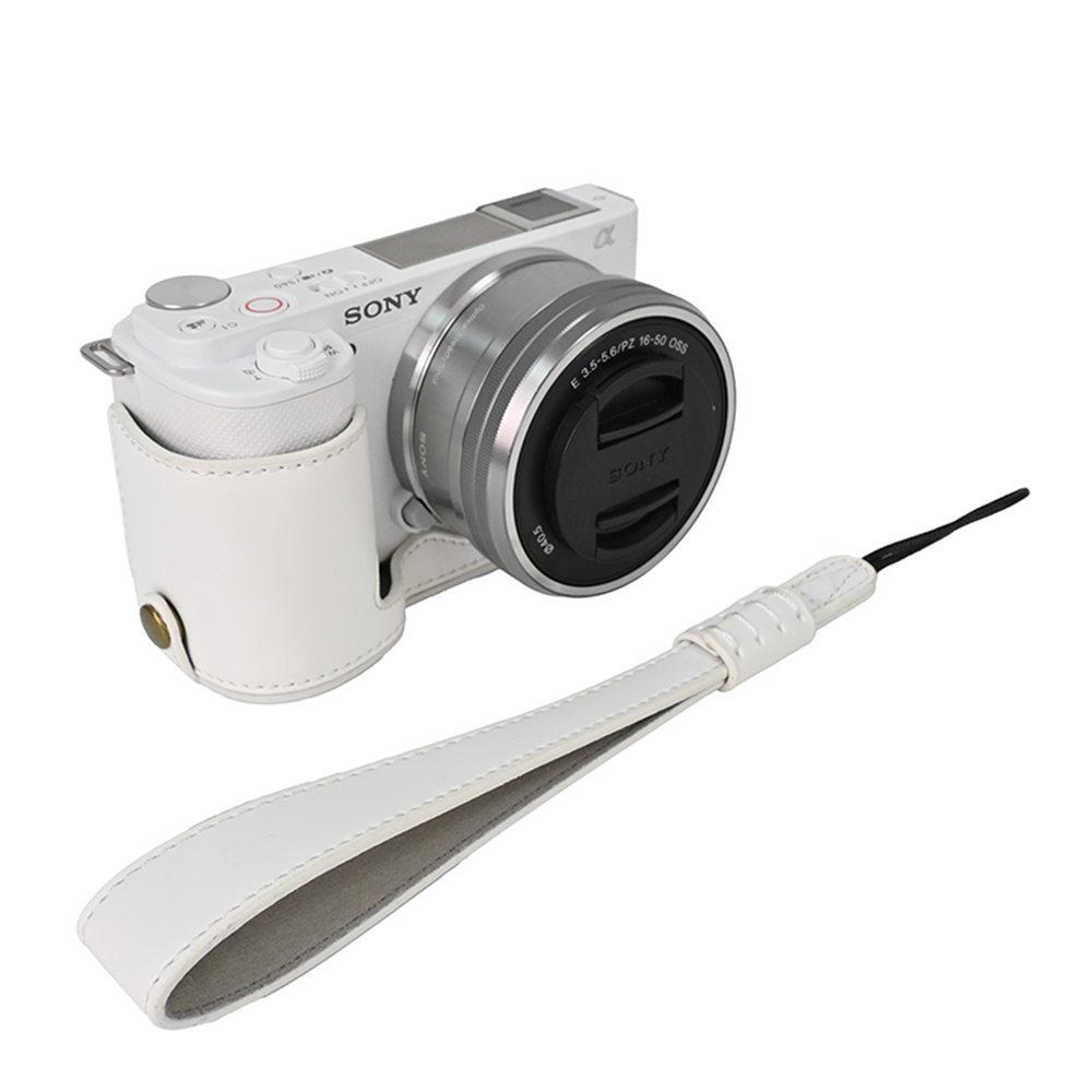ZVE10 Ölhaut Kamera Halbtasche für Sony ZV-E10 ZVE10 PU-Leder Batterieöffnung Abdeckung mit Handschlaufe