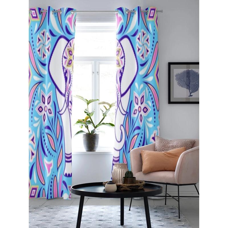 Elefant und abstrakte Blumen auf blauem Fenstervorhang für Kinderzimmer Heimrollos Vorhänge für Wohnzimmer Schlafzimmer Fensterdraperien