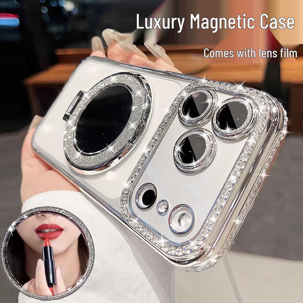 Rhinestone Glitter Mirror iPhone 17 Pro Max Case with Magnetic Stand - Luxury Female Cover, Also Fits iPhone 16 & 15