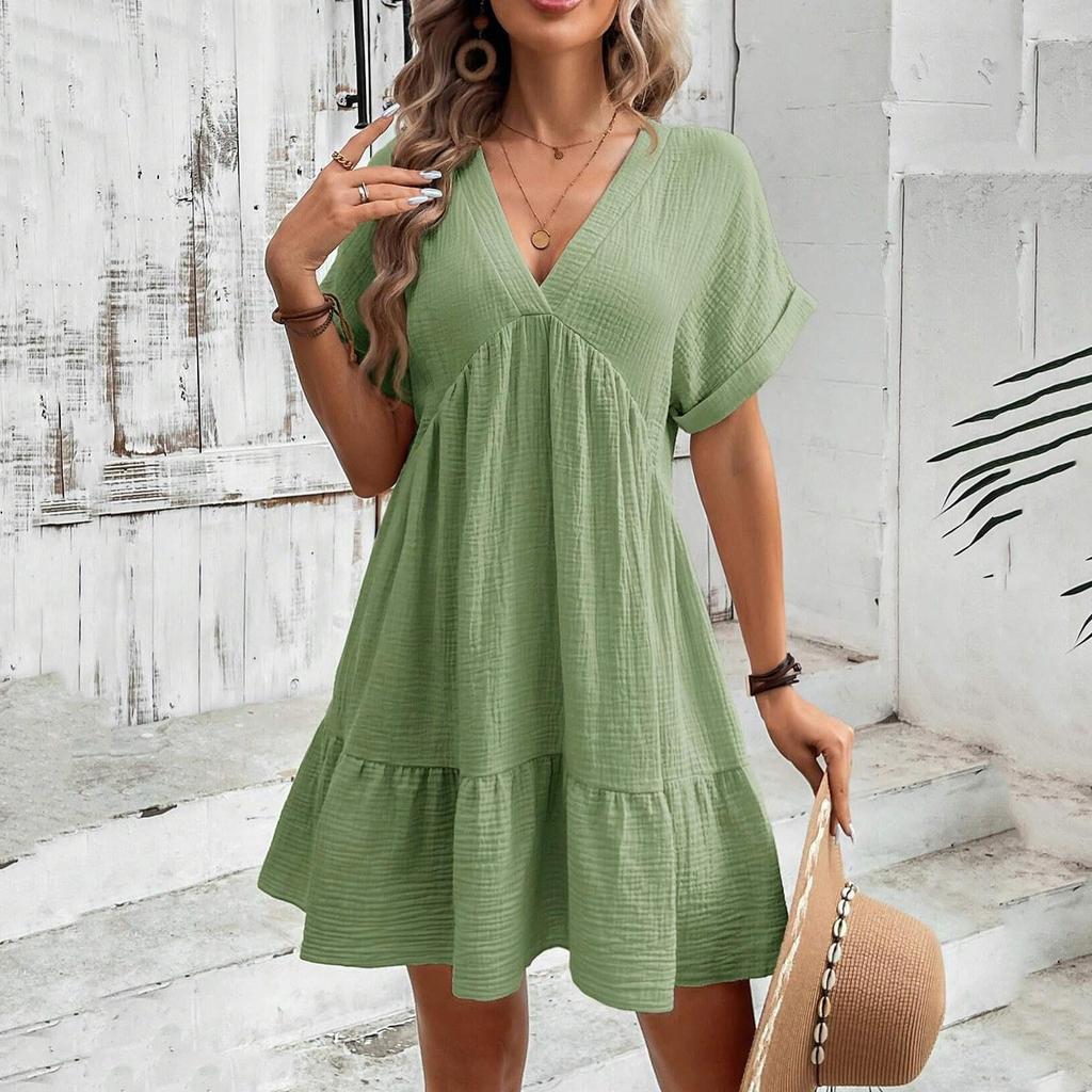 Women's Fashion Loose Flowy V-Neck Short-Sleeve Dress