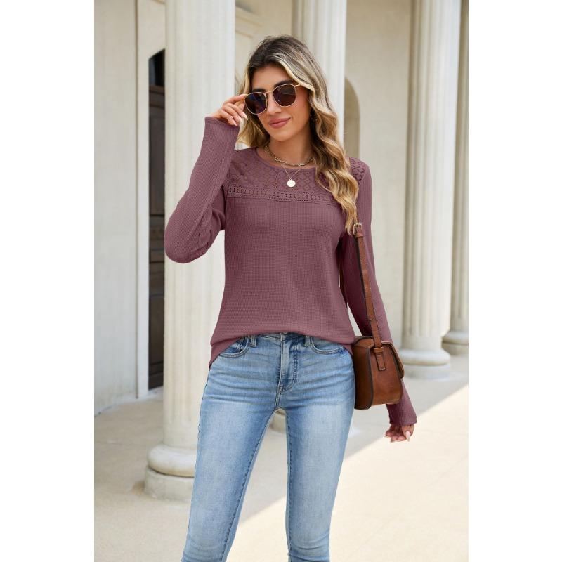 Women Solid Color Crew Neck Lace Patchwork Loose Long Sleeve Casual T Shirt