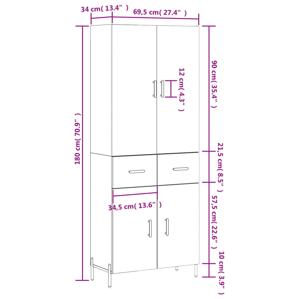 Highboard Smoked Oak 69.5 x 34 x 180 cm Particle Board