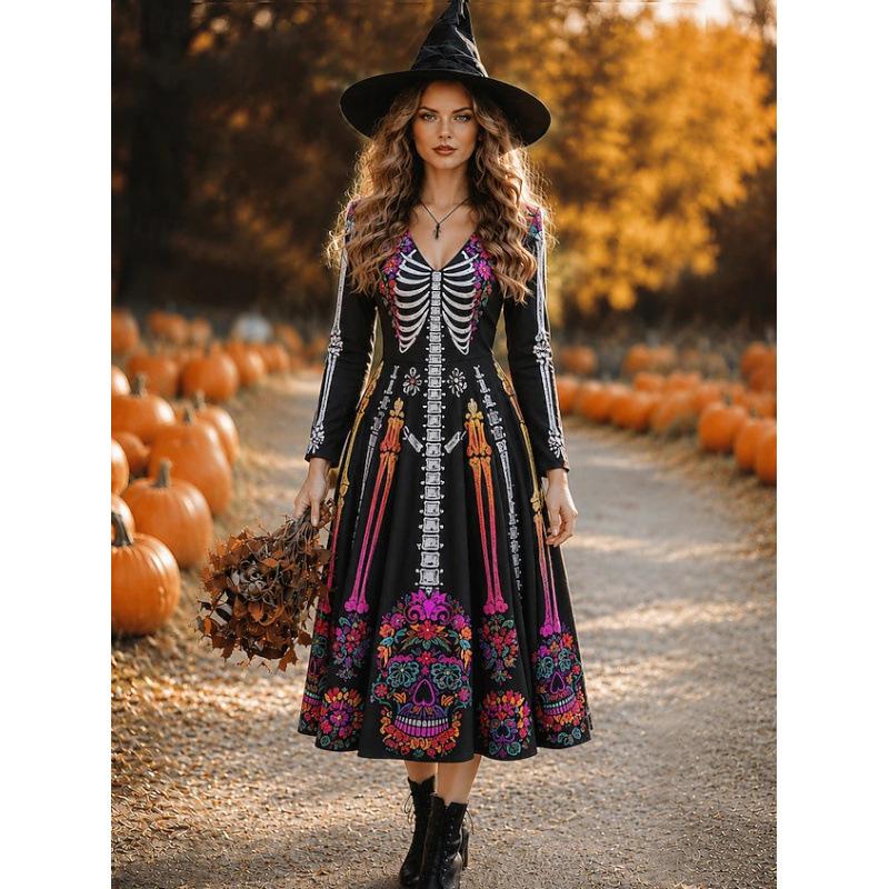 IFICY Women's Fashion Spring Autumn Long Sleeve V‑Neck High Waist Retro Bohemian Casual Dresses