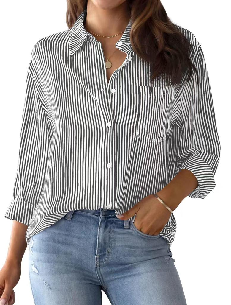 Herbst Streifenmuster Strickjacke Top - Damen Lässiges Langarm Modehemd