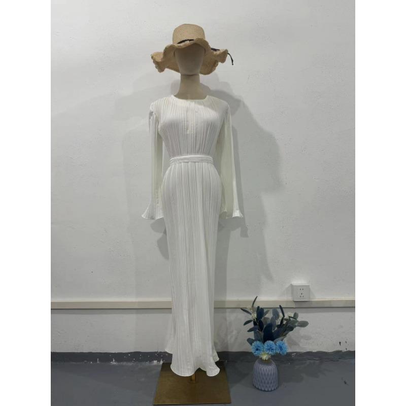 Europejski i Amerykański Damski Jesienny Nowy Styl Długa Sukienka Elegancka Plisowana Sukienka o Długości Midi z Rękawami w Kształcie Rogu