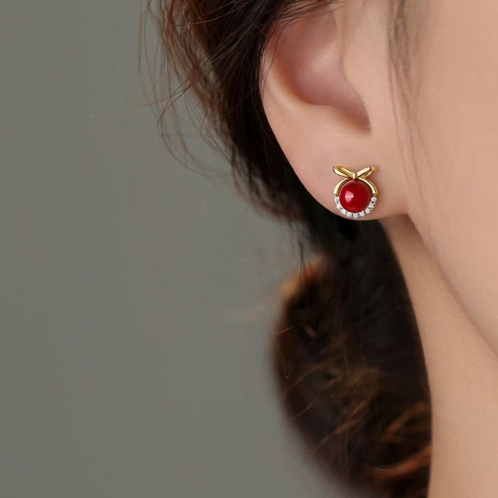 Cute Bow Red Bead Stud Earrings for Women, Shiny Zircon Halo Red Pearl Earrings Fashion Jewelry