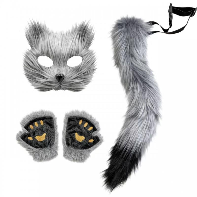 Halloween Cosplay Set Women Cute Cat Mask Plush Claw Gloves Fox Tail Accessories