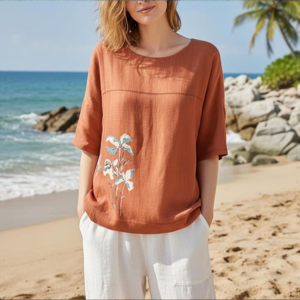 Dam Bomull Linne Blommig Tryck T-shirts Casual Lös Kortärmad Blus Topp
