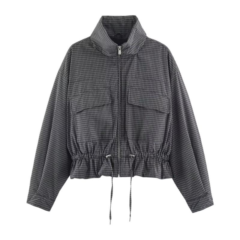 Damen Herbst Neu Lässig Langarm Stehkragen Kariert Baumwolle Jacke Jacke