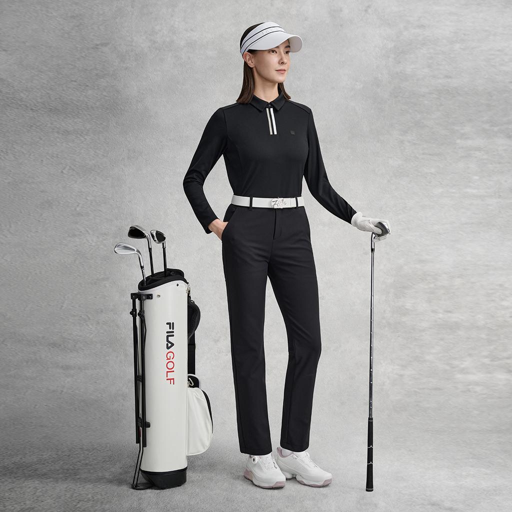 FILA Classic Minimalist Comfortable Versatile Knitted Long Sleeve Polo Shirt Women tops Deep-Black A11W615203FBK