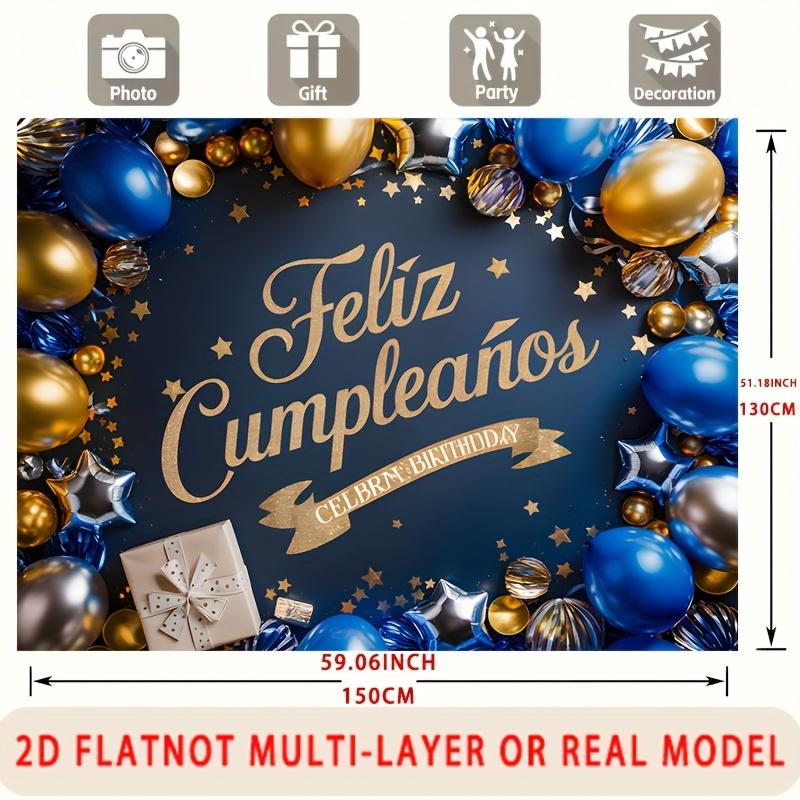 2D flach, 1-teiliges spanisches Happy Birthday Party-Banner mit goldenen und blauen Luftballons, Sternen und Geschenkboxen für die Familie,