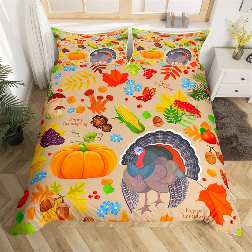Fall Maple Leaves Autumn Harvest Theme Duvet Cover Cartoon Christmas Santa Thanksgiving Pumpkin Holiday Decor Gifts for Children