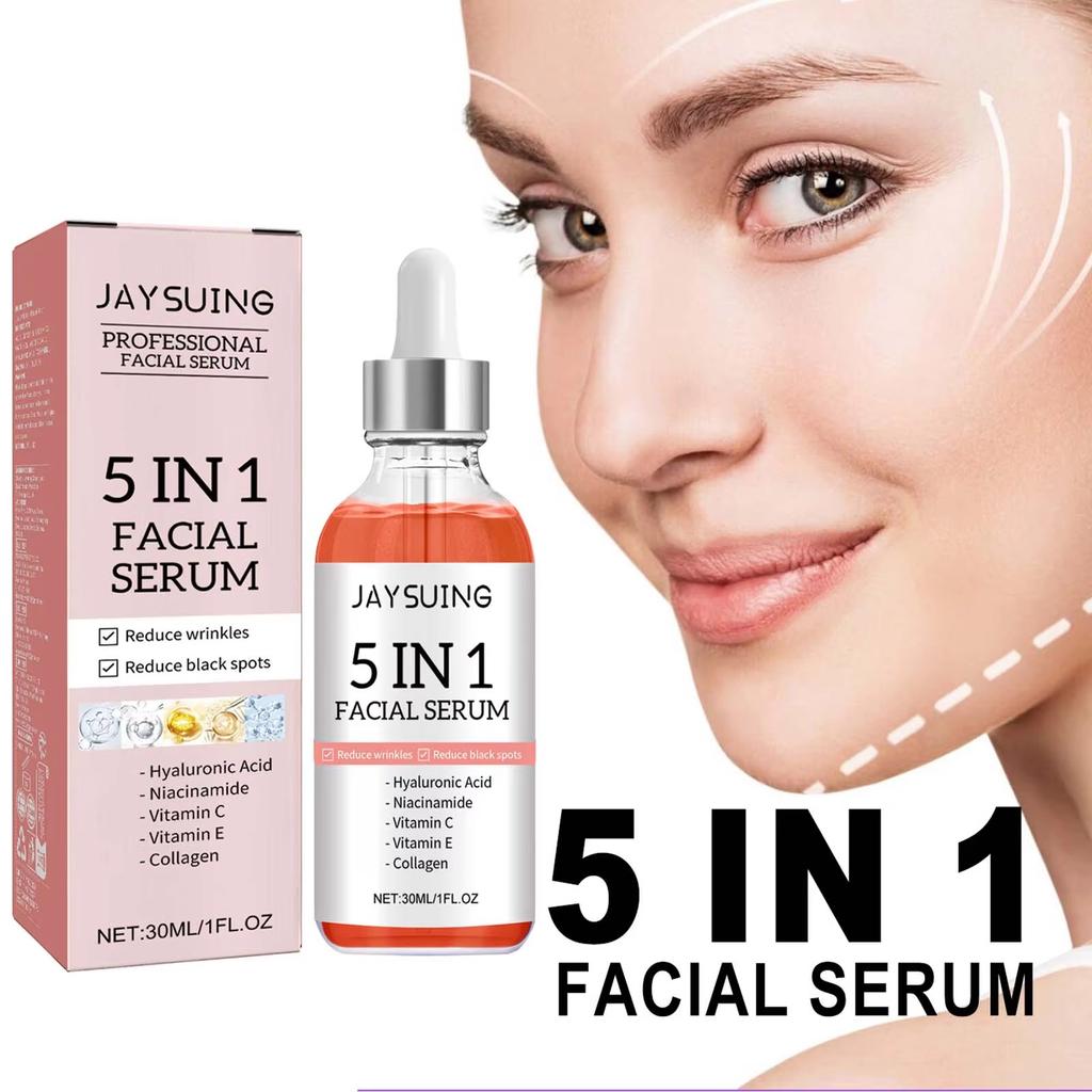5-in-1-Gesichtsserum, lässt feine Linien verblassen, strafft die Haut, verkleinert die Poren, spendet Feuchtigkeit und hellt das Gesichtsserum mit Vitamin C und Hyaluronsäure auf