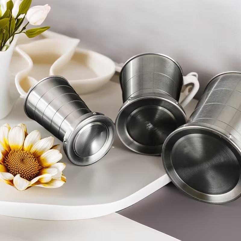 250Ml Stainless Steel Folding Cup Outdoor Travel Camping Portable Collapsible Water Cups With Keychain Retractable Teacups