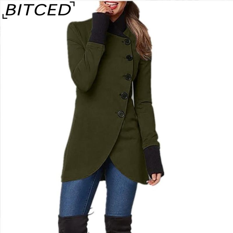 BITCED Women's  Autumn/Winter Solid-Colour Single-Breasted Long-Sleeved Coat with Patchwork Hem and Slit