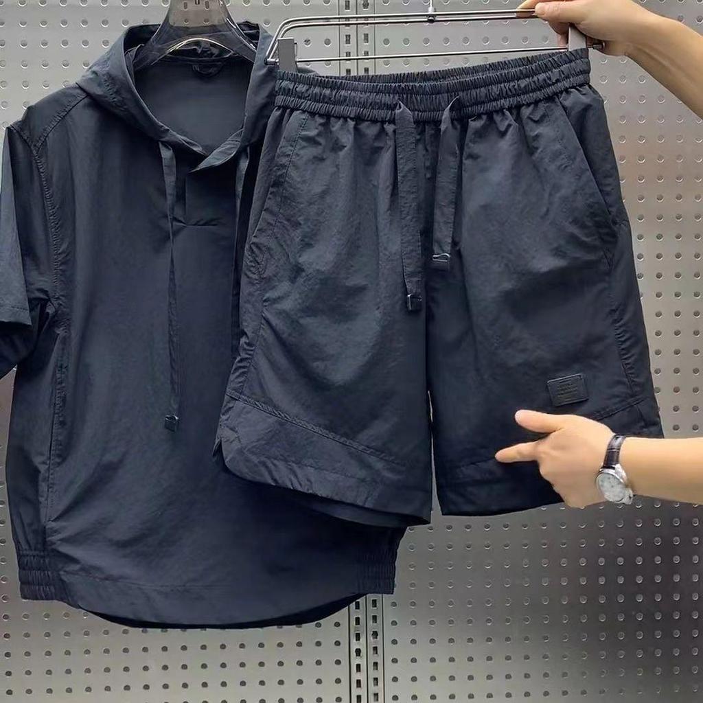 Summer Quick-Dry Hooded Shorts and Short Sleeve Two-Piece Set for Men - Casual Outdoor Sports