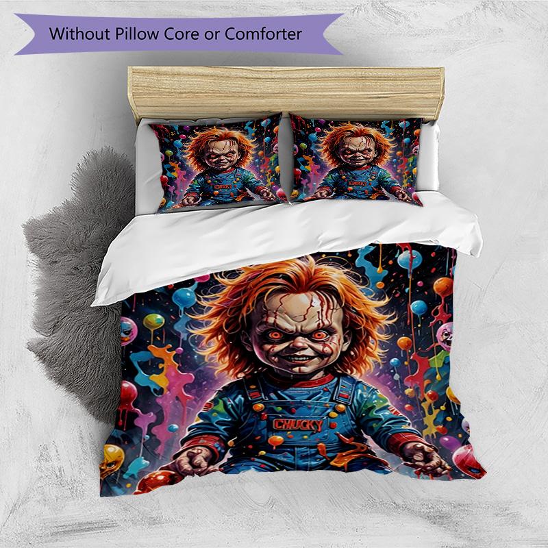 3pcs Duvet Cover Set (1*Duvet Cover + 2*Pillowcase, Without Core), Bride of Chucky Print Bedding Set, Bedroom Decor, All‑Season, Birthday Gift