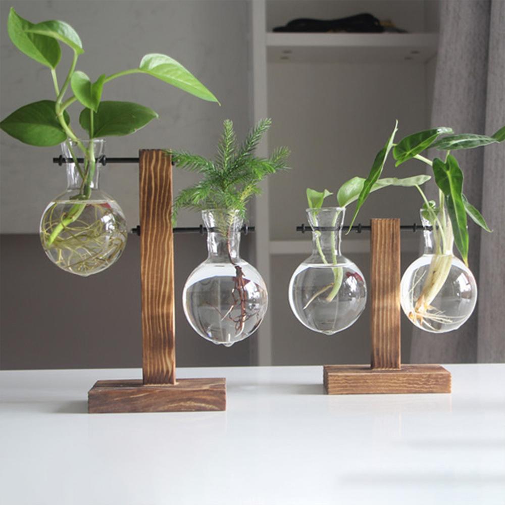 Transparent Bulb Vase with Wooden Stand Glass Desktop Planter for Hydroponic Plant Container Coffee Shop Room Tabletop Decor