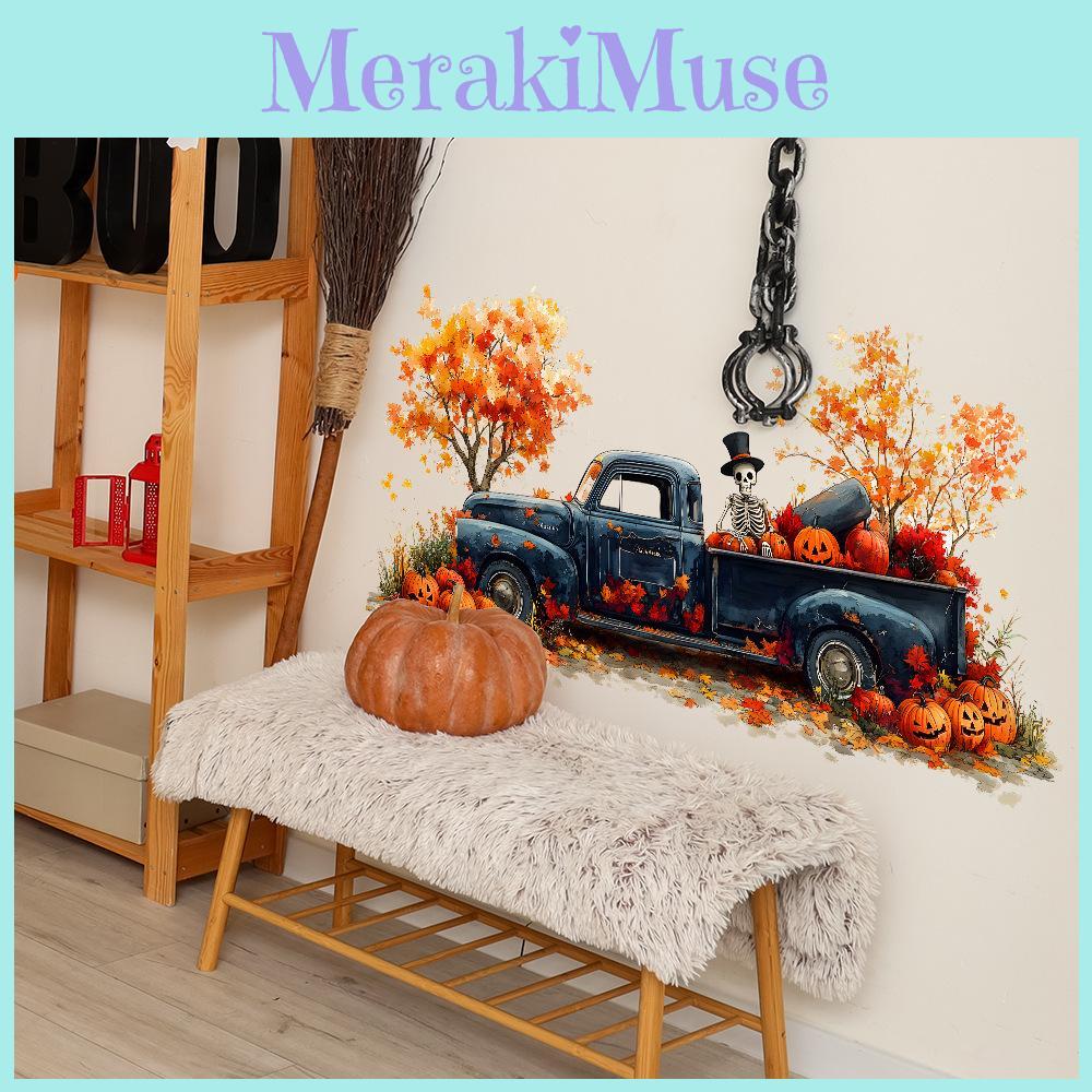 Modern Minimalist Halloween Wall Art With Skeleton And Pumpkin Pvc Decal For Dining