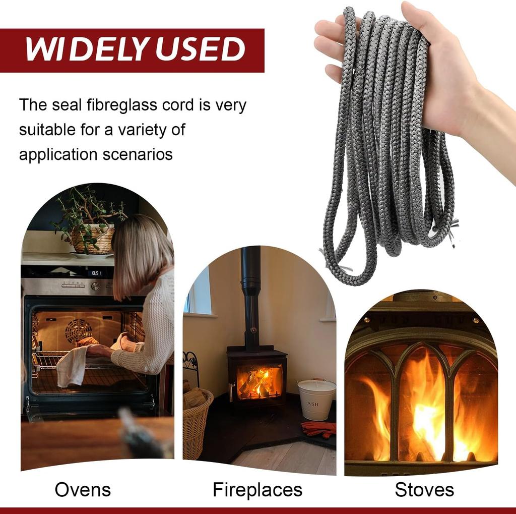 Fireplace Seal Cord Fireplace Refractory Gasket Stove Firewood Cord 6/8/10/12mm Fiberglass Rope Gasket for Fireplace and Stove
