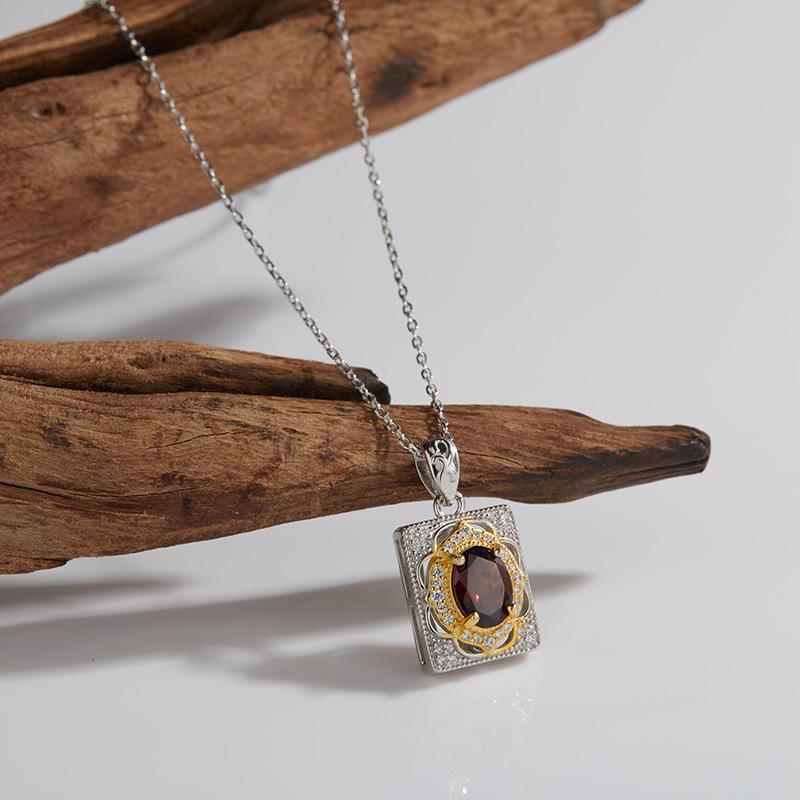 S925 Sterling Silver Inlaid With Natural Topaz Citrine Garnet Colored Treasure Necklace Women'S Simple Retro High-End Pendant