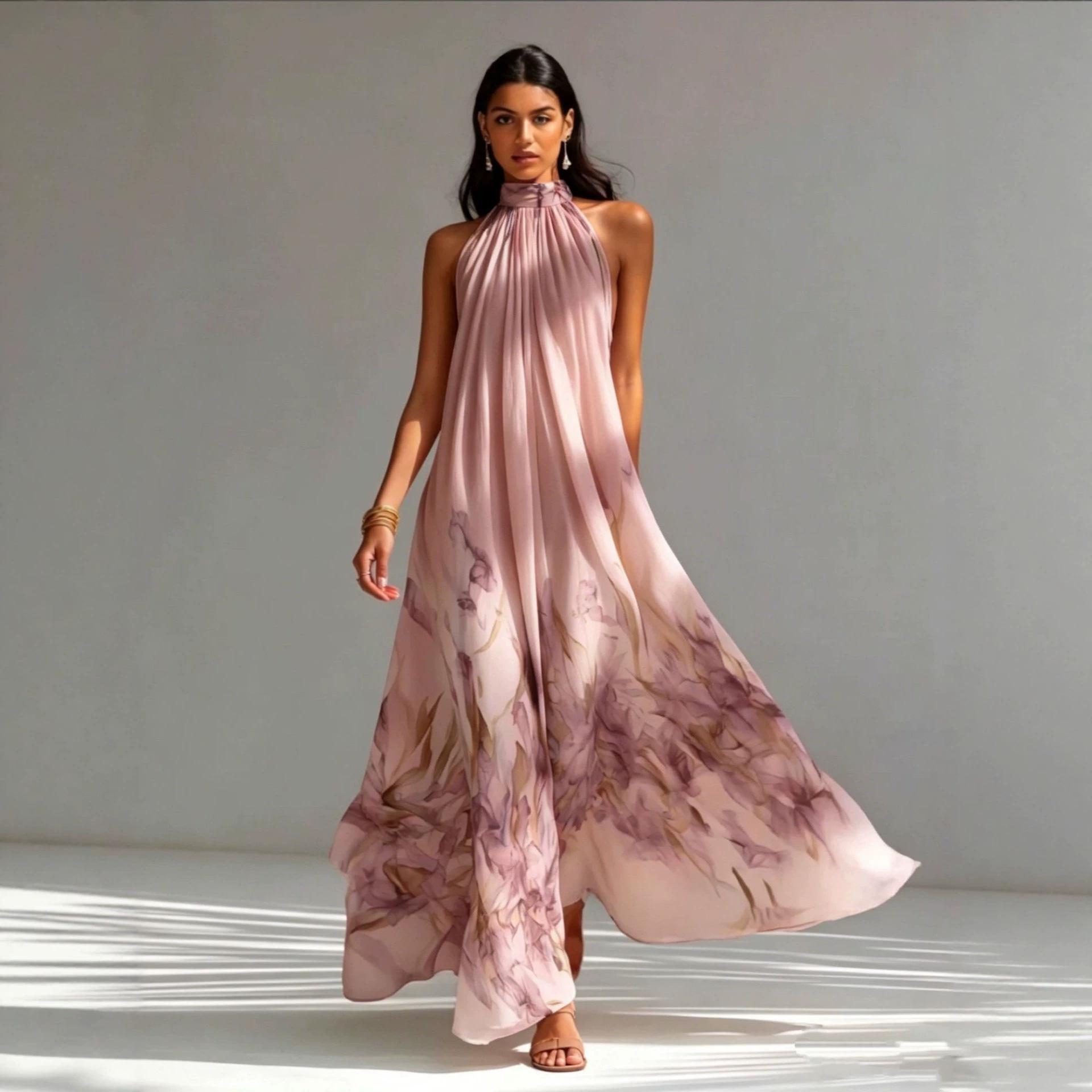 

Spring and summer new European and American women s clothing printing fashion sleeveless neck long dress XXL