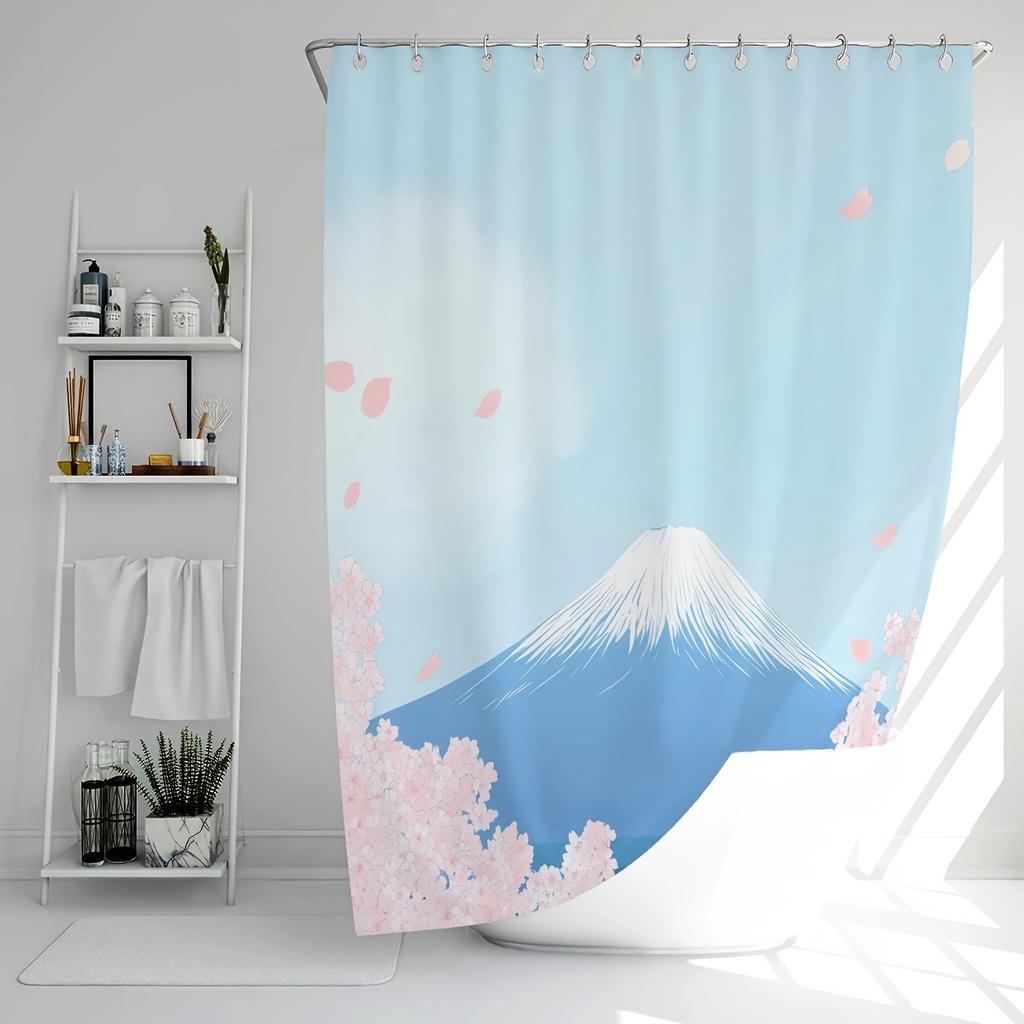 1 piece Sakura and Mount Fuji print shower curtain - soft polyester, machine washable, suitable for all seasons, with hooks