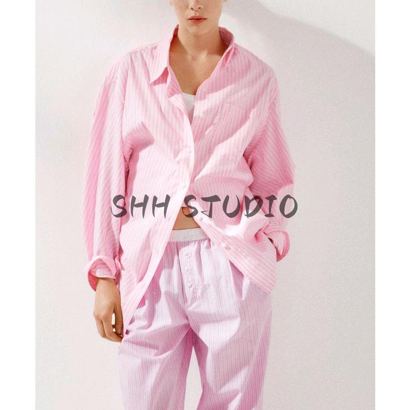 Summer New Product Women's Clothes Stripes Loose Poplin Long Sleeves Shirt 3520608 3067017 2020458