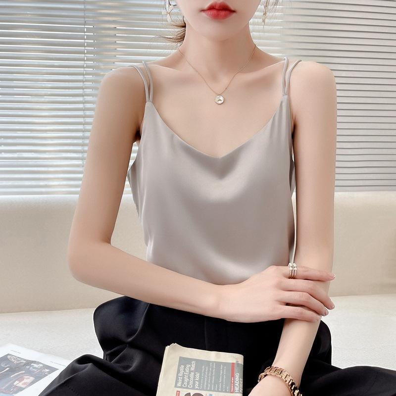 Camisola interior de seda con cuello en V delgada para mujer de primavera y verano