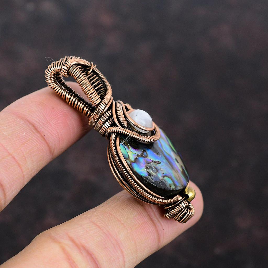 Abalone Shell Pendant Rainbow Moonstone Pendant Copper Wire Wrapped Pendant Gemstone Copper Jewelry Handmade Amazing Pendant Engagement Gift