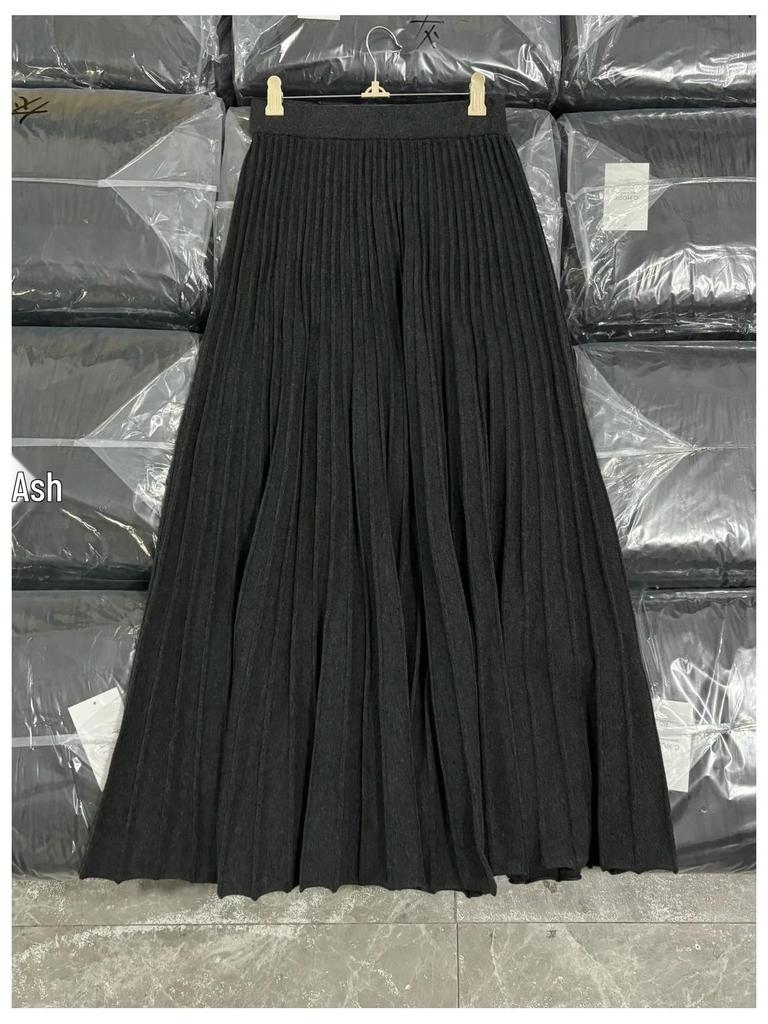 Elegant Korean Imitation Cashmere A-line Pleated Midi Skirt for Women - Autumn/Winter 2025 Slimming Drape Style