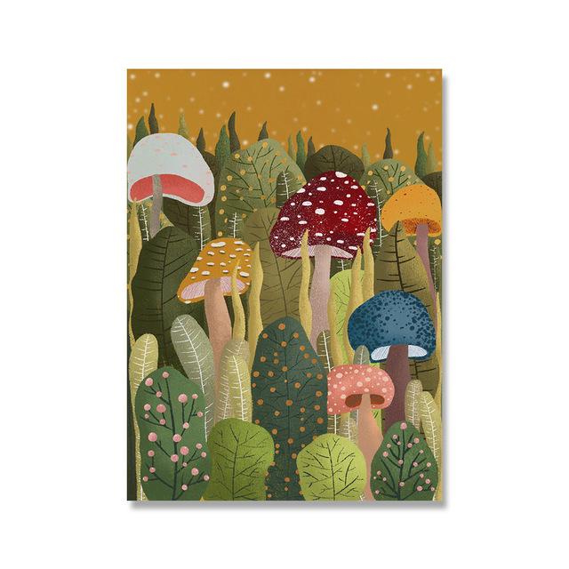 Solid Wood Frame Canvas Paintings Abstract Watercolor Plant Wall Art Mushroom Illustration Poster Print Picture For Living Room Home Decoration