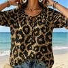 Women's Glitter Gold Leopard Print Tie Split Neck Ruffle 3/4 Sleeve Fashion Loose Blouse