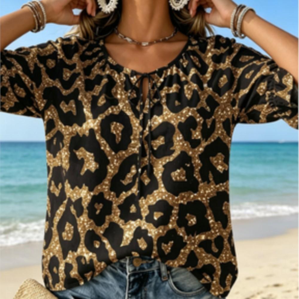 Women's Glitter Gold Leopard Print Tie Split Neck Ruffle 3/4 Sleeve Fashion Loose Blouse