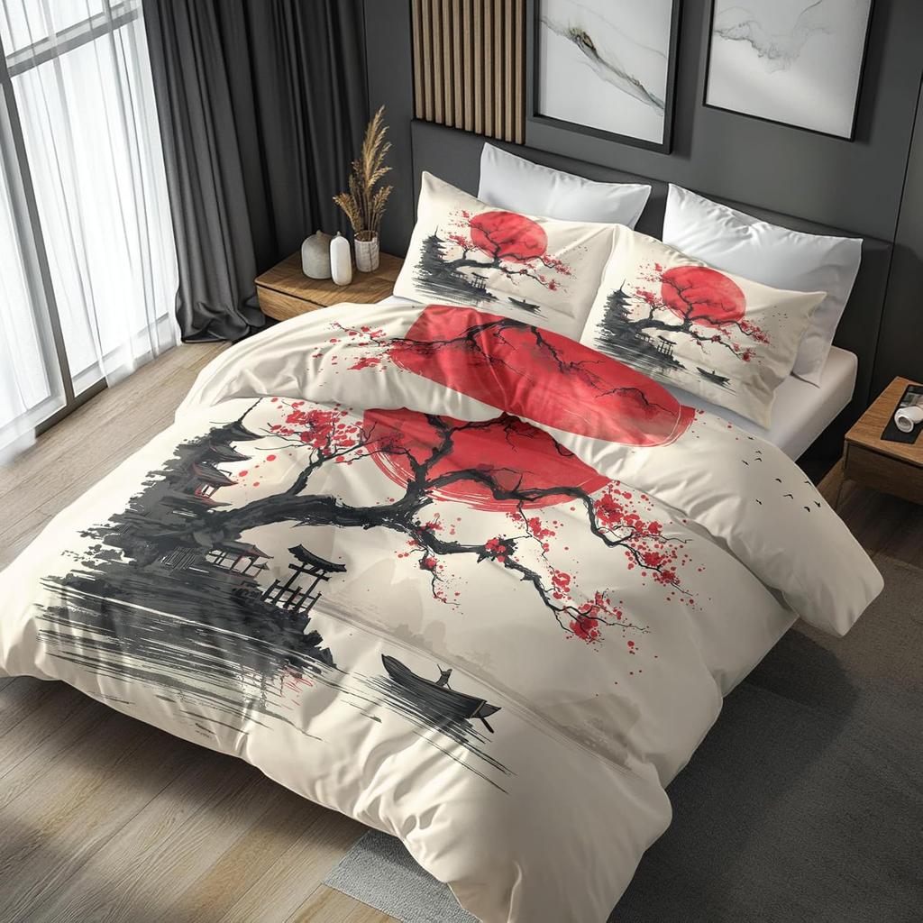 Cherry Blossom Duvet Cover Microfiber Bedding Set,Japanese Pattern Reversible Design Bedroom Decor Quilt Cover With Pillowcases