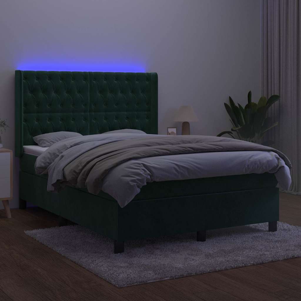 Box Spring Bed with Mattress & LED Lights Dark Green 140 x 190 cm Velvet