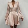 Beach Spring Satin Satin Satin V Neck Elegant Silm Dress Women's Fashion New Design Sense Lantern Sleeve Skirt