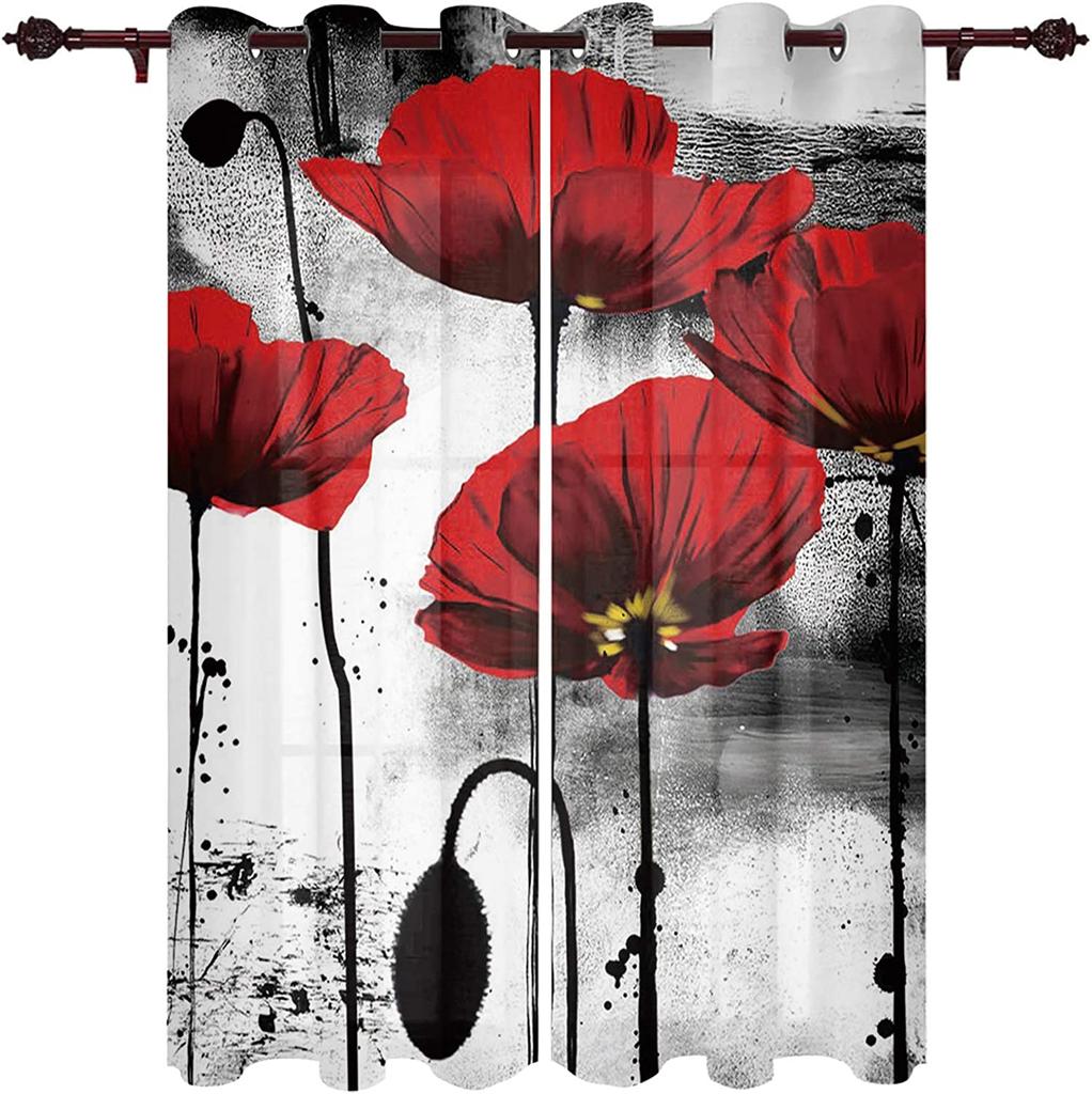 2pcs Red Large Leaved Flower Thin Polyester Semi-shading Curtains for Livingroom Window Treatments Grommet Drapes Free Shipping