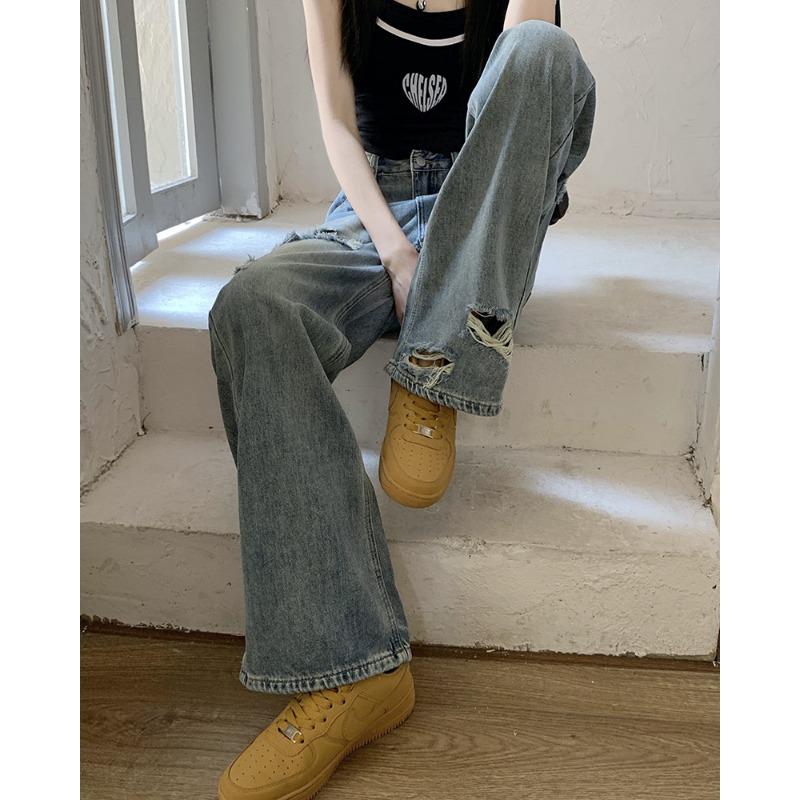 Vintage Ripped Jeans Damen Straight-Leg-Hose mit weitem Bein Mop