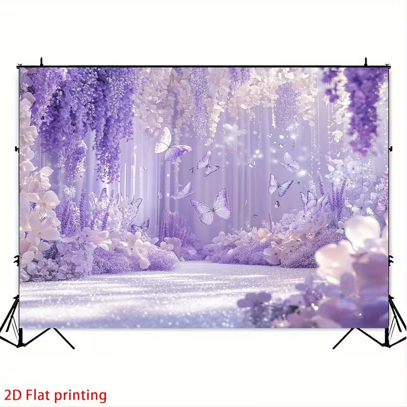 Magical Purple Floral Tapestry, Dreamy Garden with Hanging Wisteria, Butterflies and Soft Sparkles, Romantic Wall Art