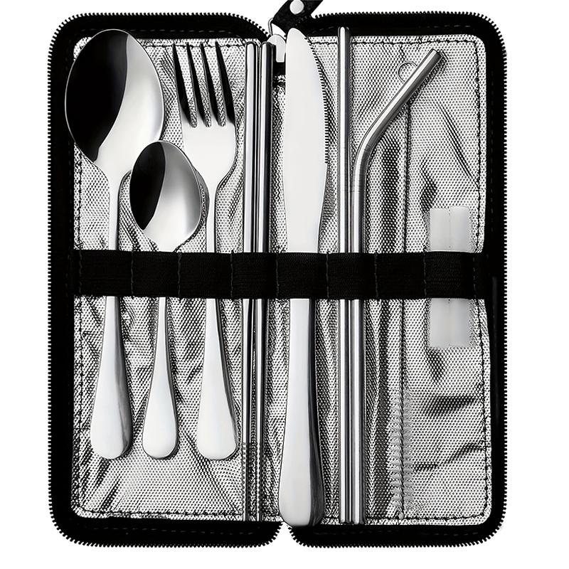 10Pcs Portable Utensils Travel Camping Cutlery Set Stainless Steel Tableware Set Knife Fork Spoon Chopsticks Straw Brush Gift