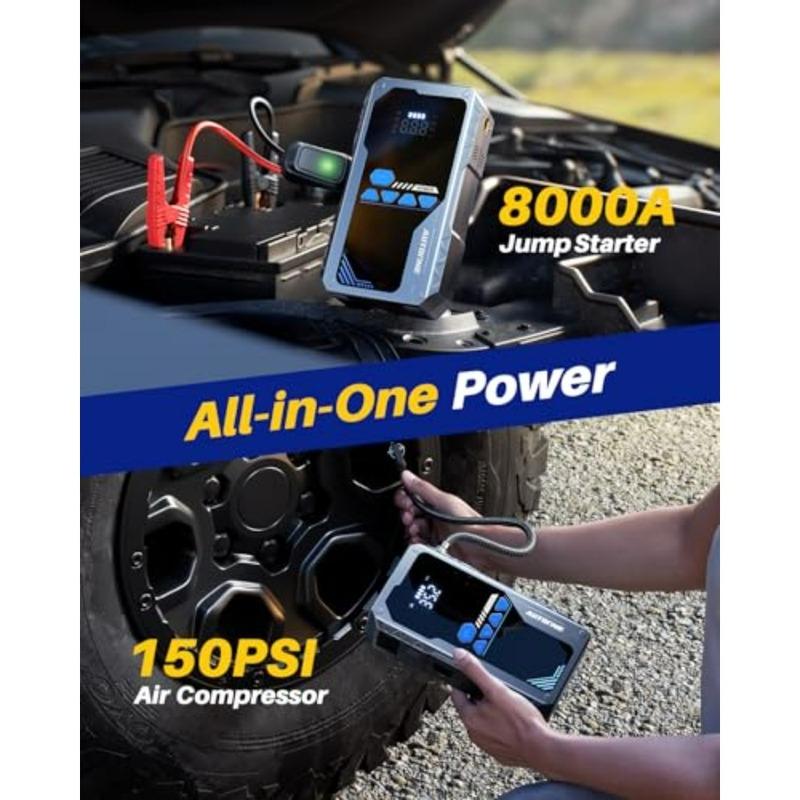 Portable Jump Starter with Air Compressor for All Gas and 12L Diesel Cars 150PSI Tire Inflator LED Flashlight LCD Display Stora
