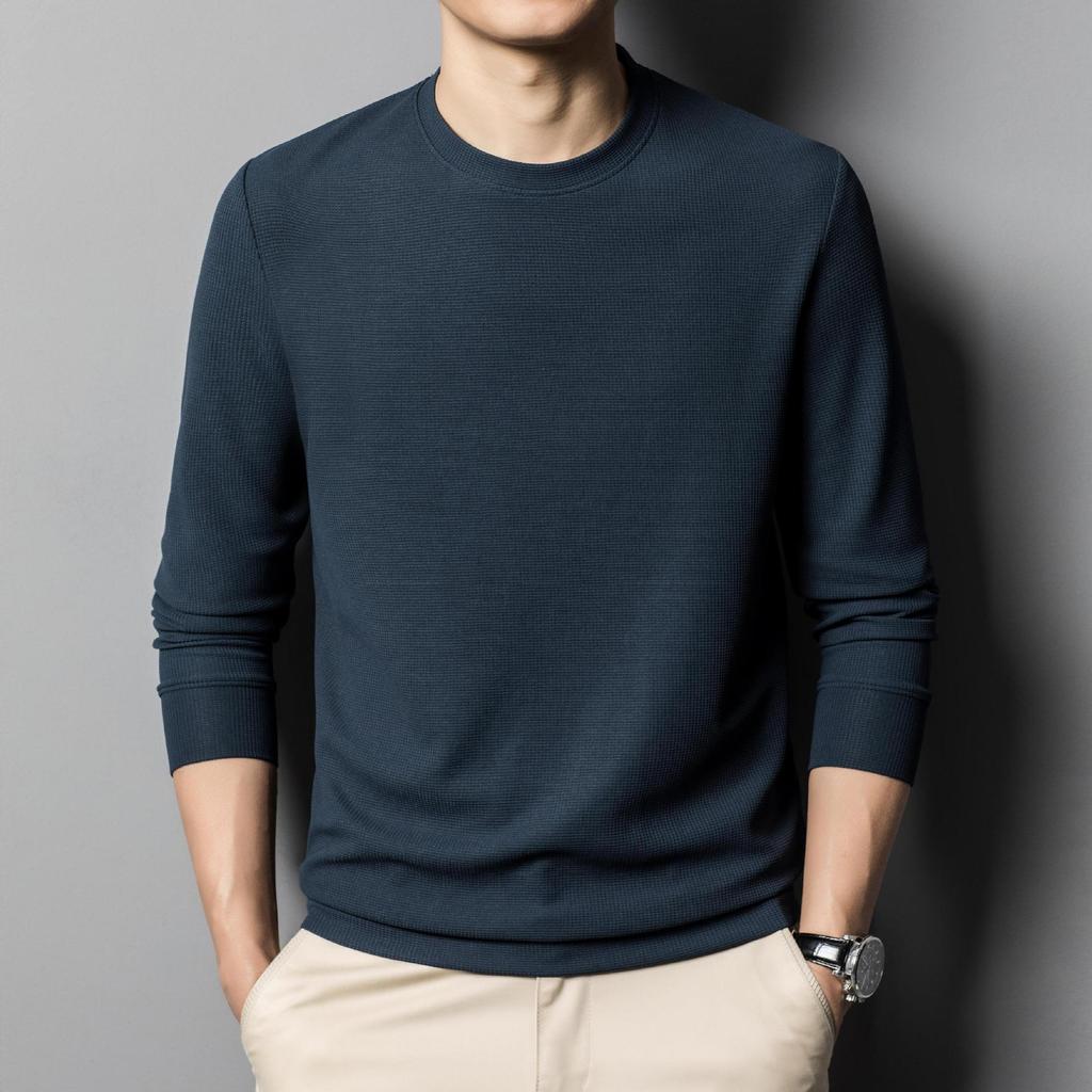 Autumn Waffle Mesh Long-sleeved T-shirt Men's Round Neck Quick-drying Tops Loose Bottoming Shirt for Men