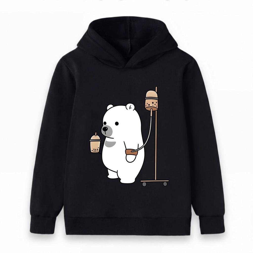 Kids Unisex Boys Girls Hooded Sweatshirt, Cute Cartoon Polar Bear Drink Bubble Tea Print Casual Pullover Hoodie, Soft Cozy Long Sleeve Tops for Daily